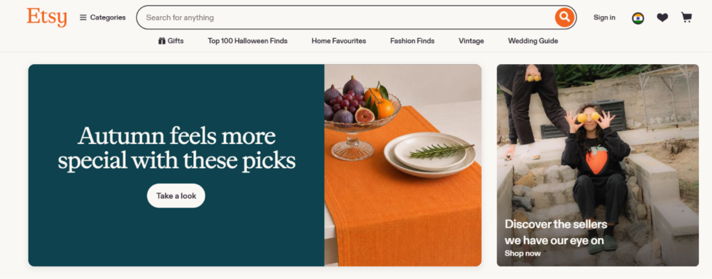 Etsy homepage featuring handmade, vintage, and unique products
